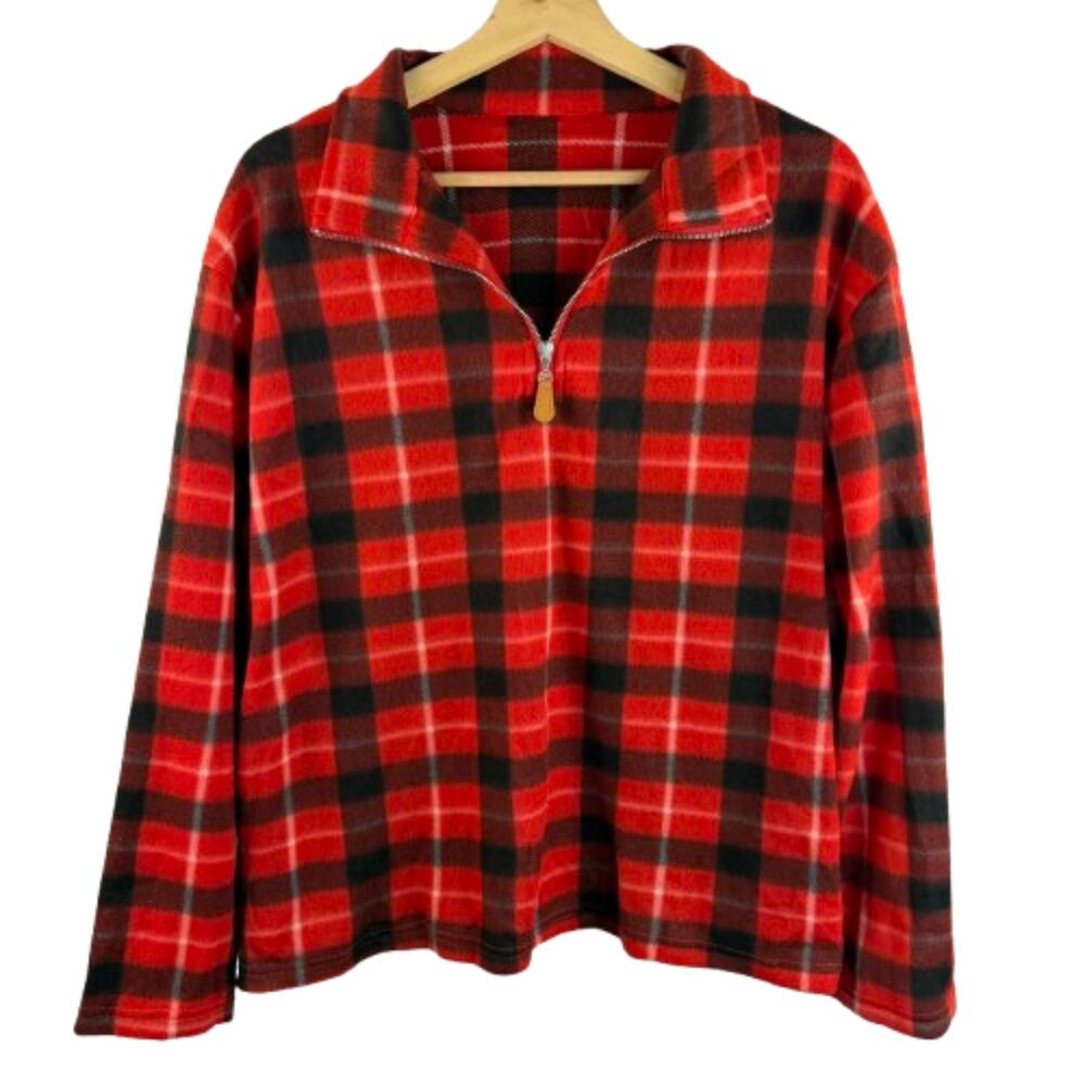 Cupshe Pullover Quarter Zip Buffalo Plaid Fleece Red Black Sweater Size M NWT